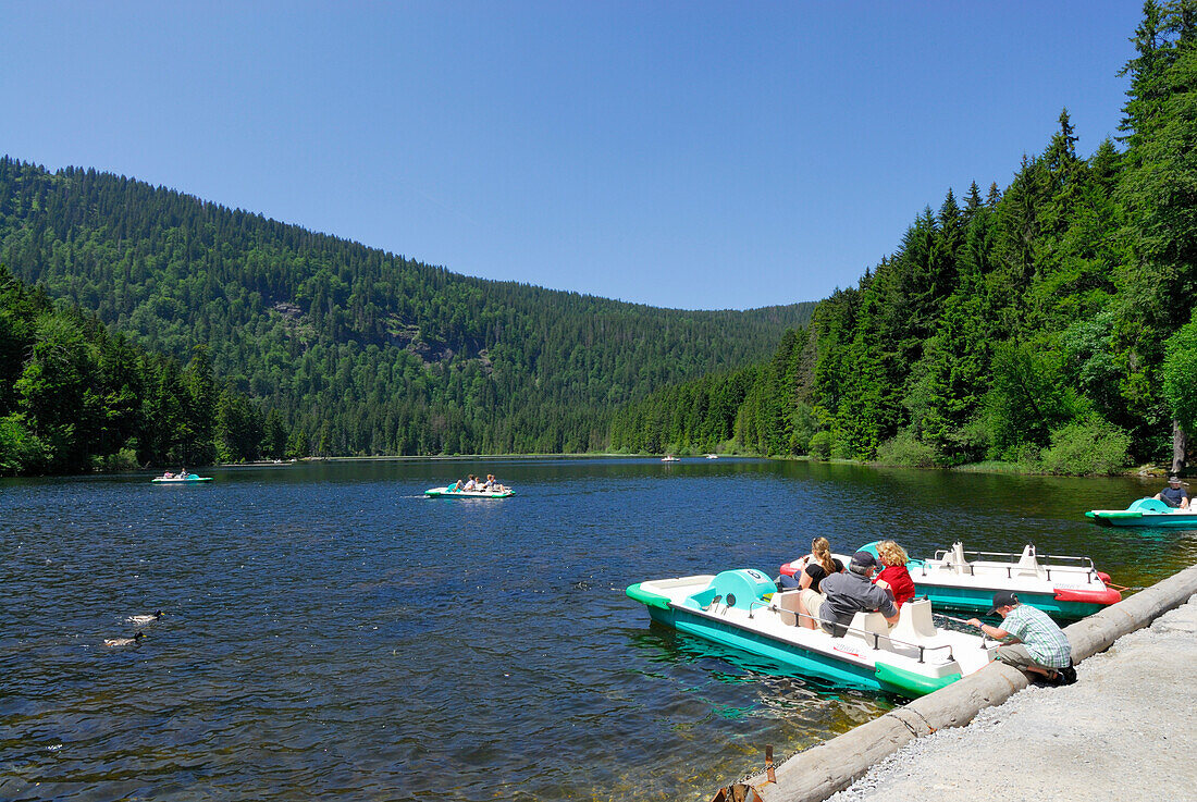 Pedal boats on Great Arber Lake, Bavarian Forest National Park, Lower Bavaria, Bavaria, Germany