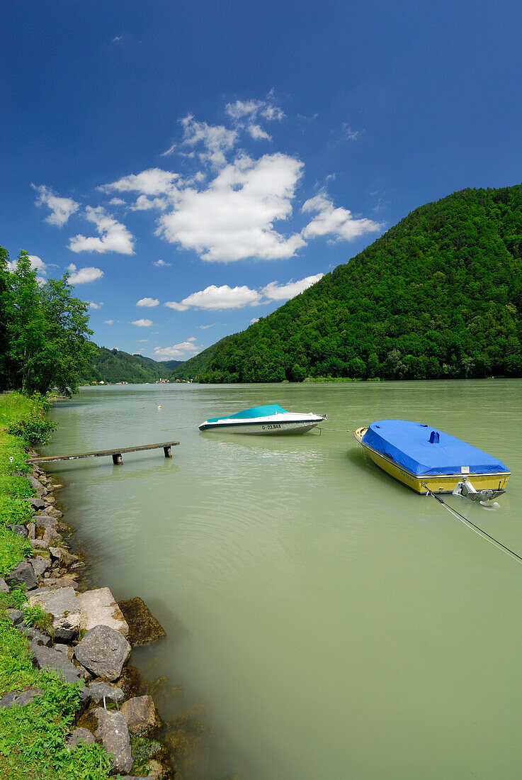 Boats on river Danube, Schloegen, Haibach ob der Donau, Upper Austria, Austria