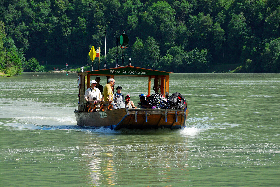 Bicycle ferry on Danube river, Schloegen, Haibach ob der Donau, Upper Austria, Austria