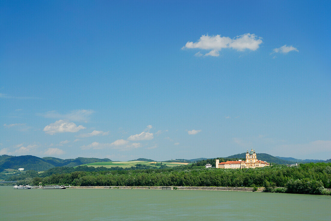 View over Danube river to Melk Abbey, Wachau valley, Lower Austria, Austria