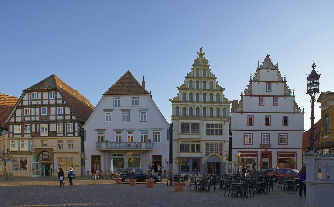 Half-timbered houses at market place, Bad Salzuflen, North Rhine-Westphalia, Germany