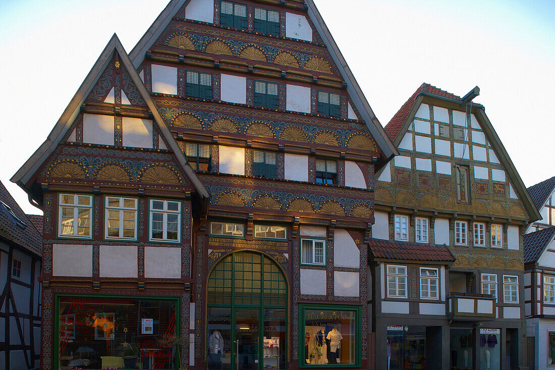 Half timbered houses in the old city of the town of Bad Salzuflen, Straße der Weserrenaissance, Lippe, North Rhine-Westphalia, Germany, Europe