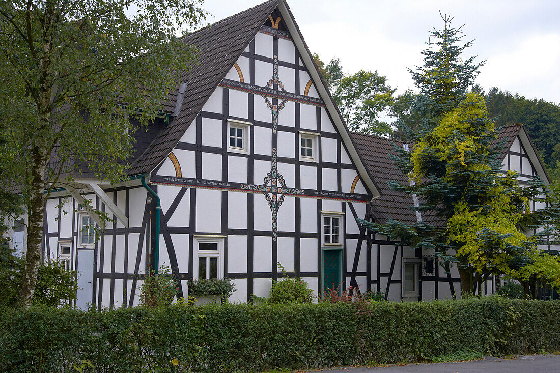 Outdoor Photo, Early autumn, Day, Half-timbered house at Kirchhundem, Sauerland, Germany, Europe