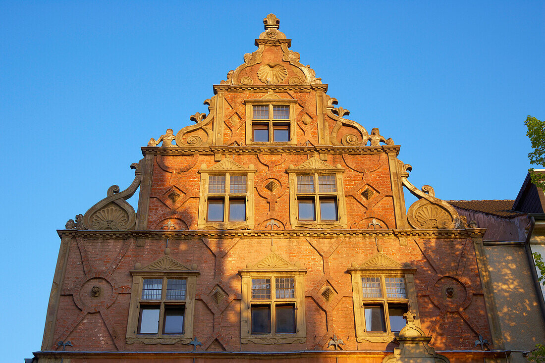 Wulfert-Haus (house) from 1560 with fronton in the manner of Lippe-Renaissance, Herford, Straße der Weserrenaissance, Lippe, Northrhine-Westphalia, Germany, Europe