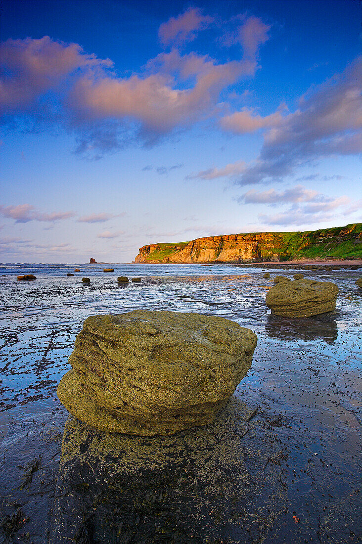 Saltwick Bay at low tide in summer, Whitby, Yorkshire, UK, England