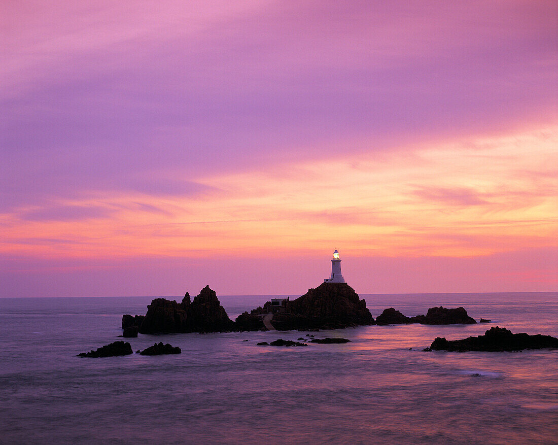 Corbiere Lighthouse at sunset, Corbiere Point, Jersey, UK, Channel Islands