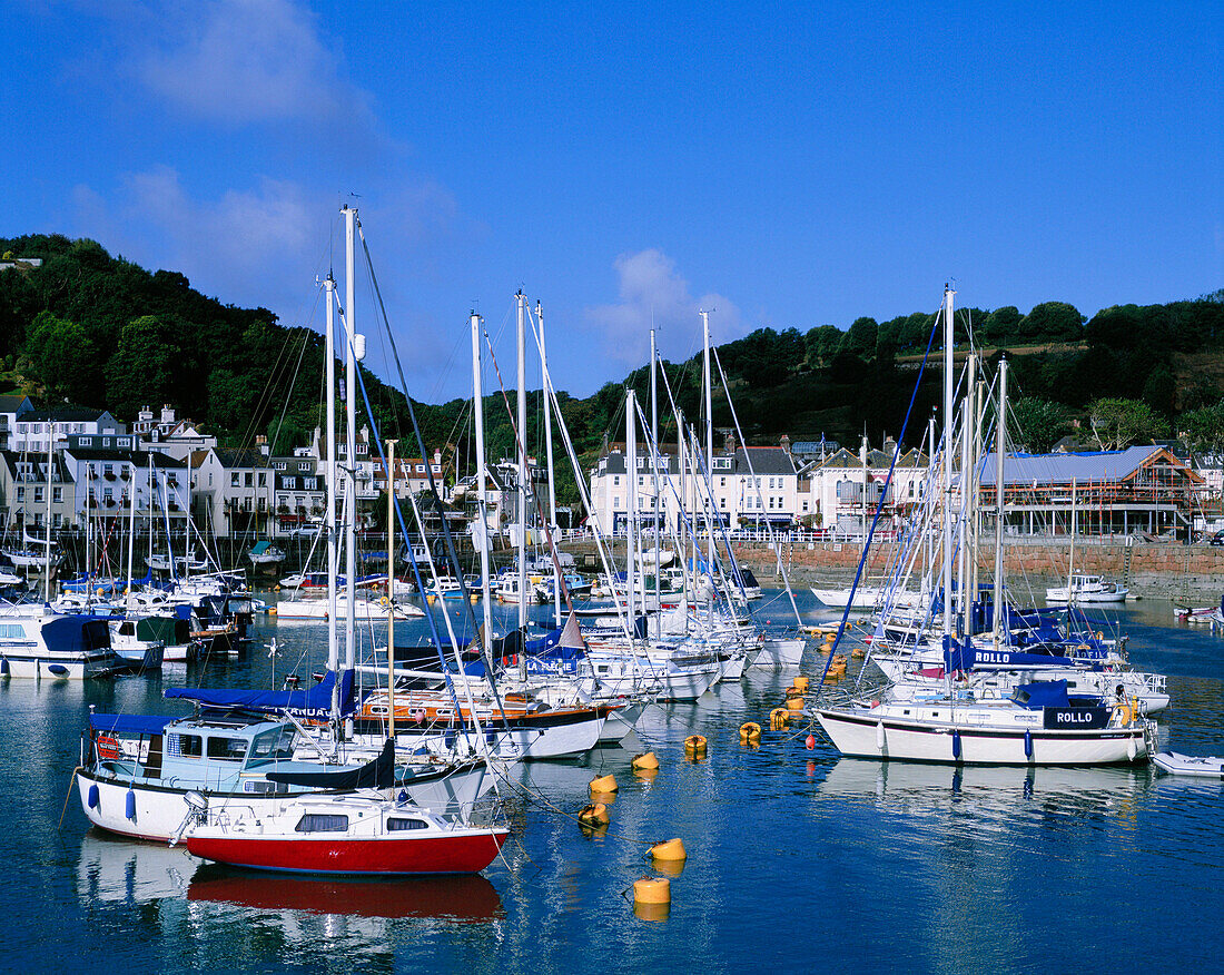 Yachts in St Aubin's Harbour, St Aubin, Jersey, UK, Channel Islands
