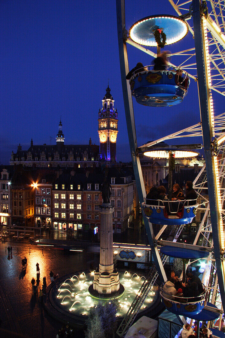 Ferris wheel and Grande-Place from above at night, Lille, Nord pas de Calais, France