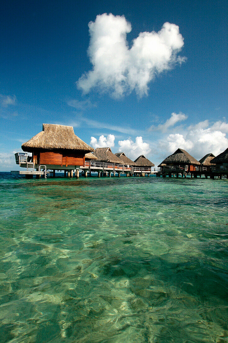 Overwater bungalows on lagoon, Bora Bora, Bora Bora, Society Islands
