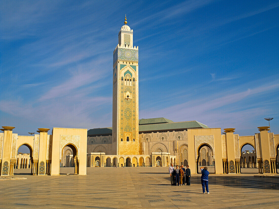 Tourists outside Hassan II mosque, Casablanca, Morocco
