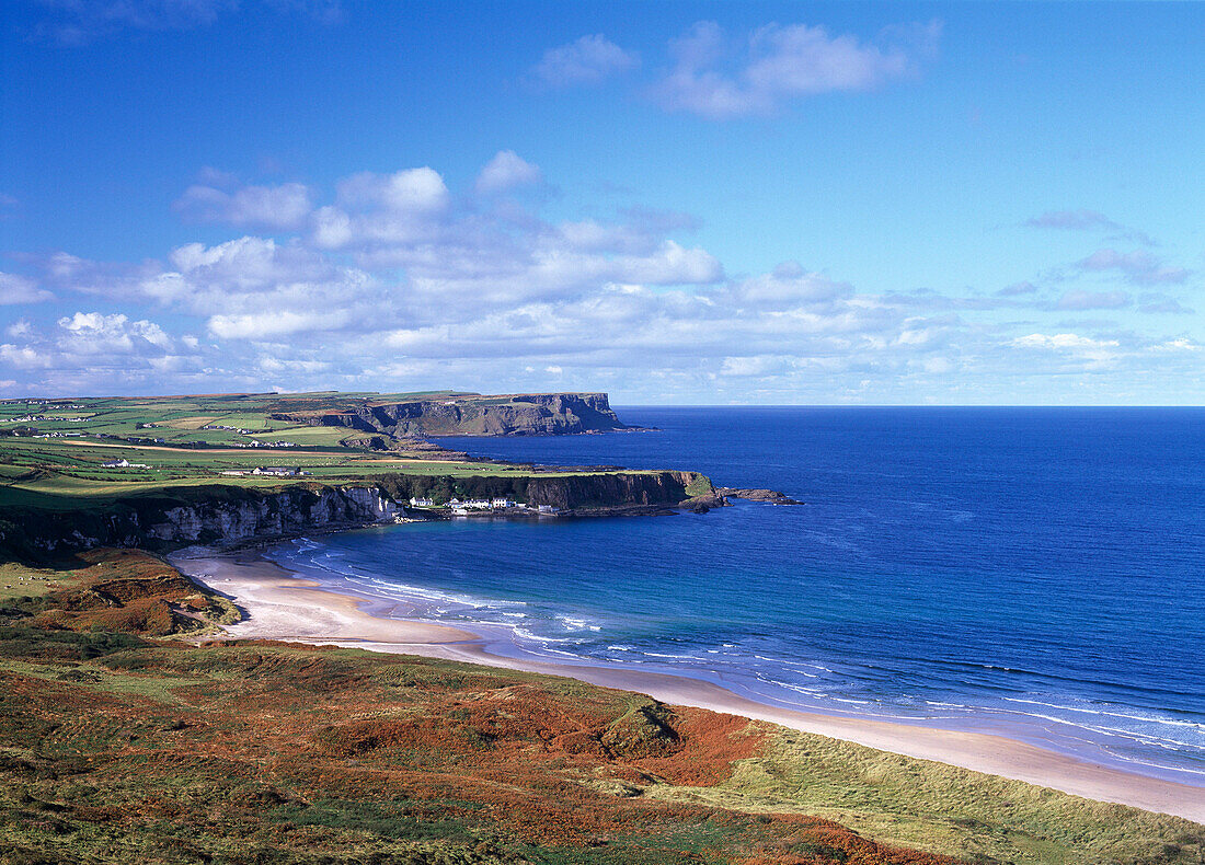 View over bay to Benbane Head, White Park Bay, County Antrim, UK, Northern Ireland