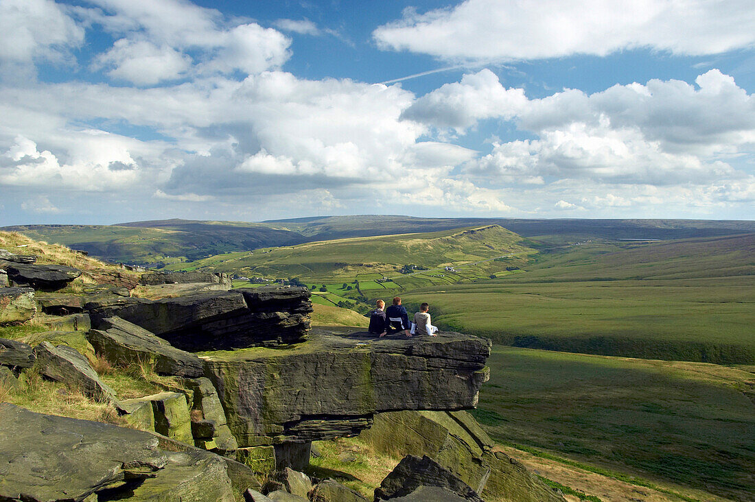 Group admiring Pennine view at the Buckstones Deanhead, Marsden, near, Yorkshire, UK, England