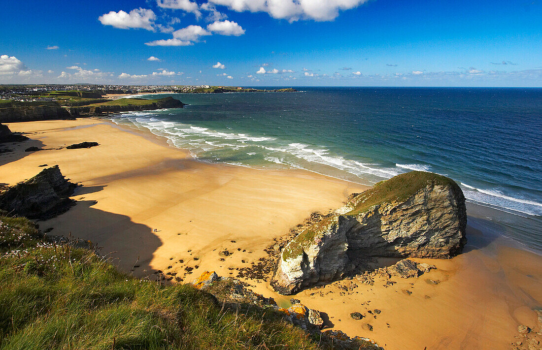 View over Whipsiderry Beach, Newquay, near, Cornwall, UK, England