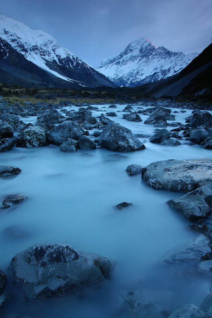 View of River Hooker with Mount Cook in the background, Mount Cook National Park, South Island, New Zealand