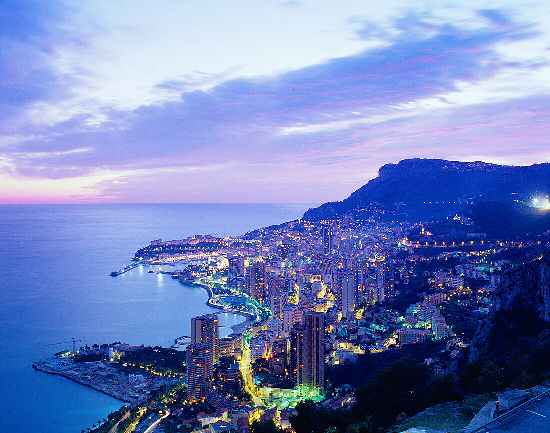View along Coastline at Night, Monte Carlo, Cote d'Azur, Monaco
