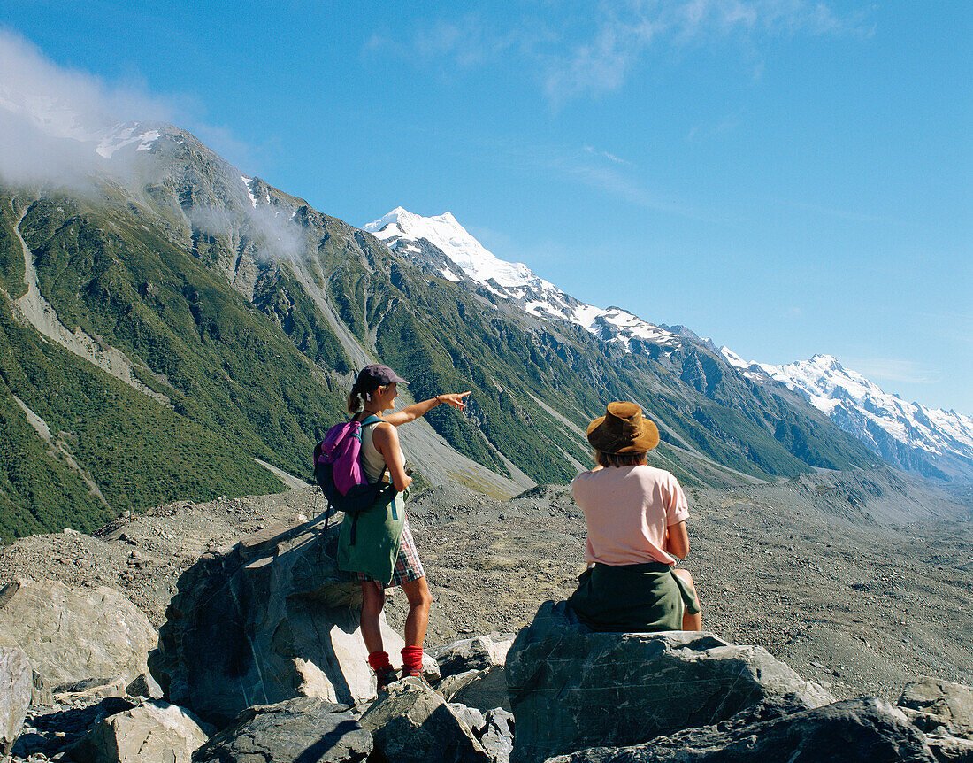 Mountain and Hikers, Mount Cook, South Island, New Zealand