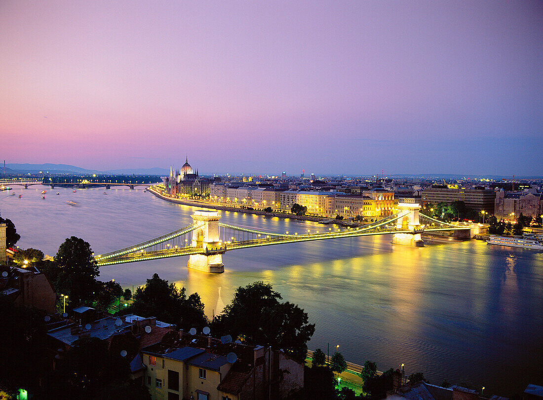 River Danube & Pest at Night, Budapest, Hungary