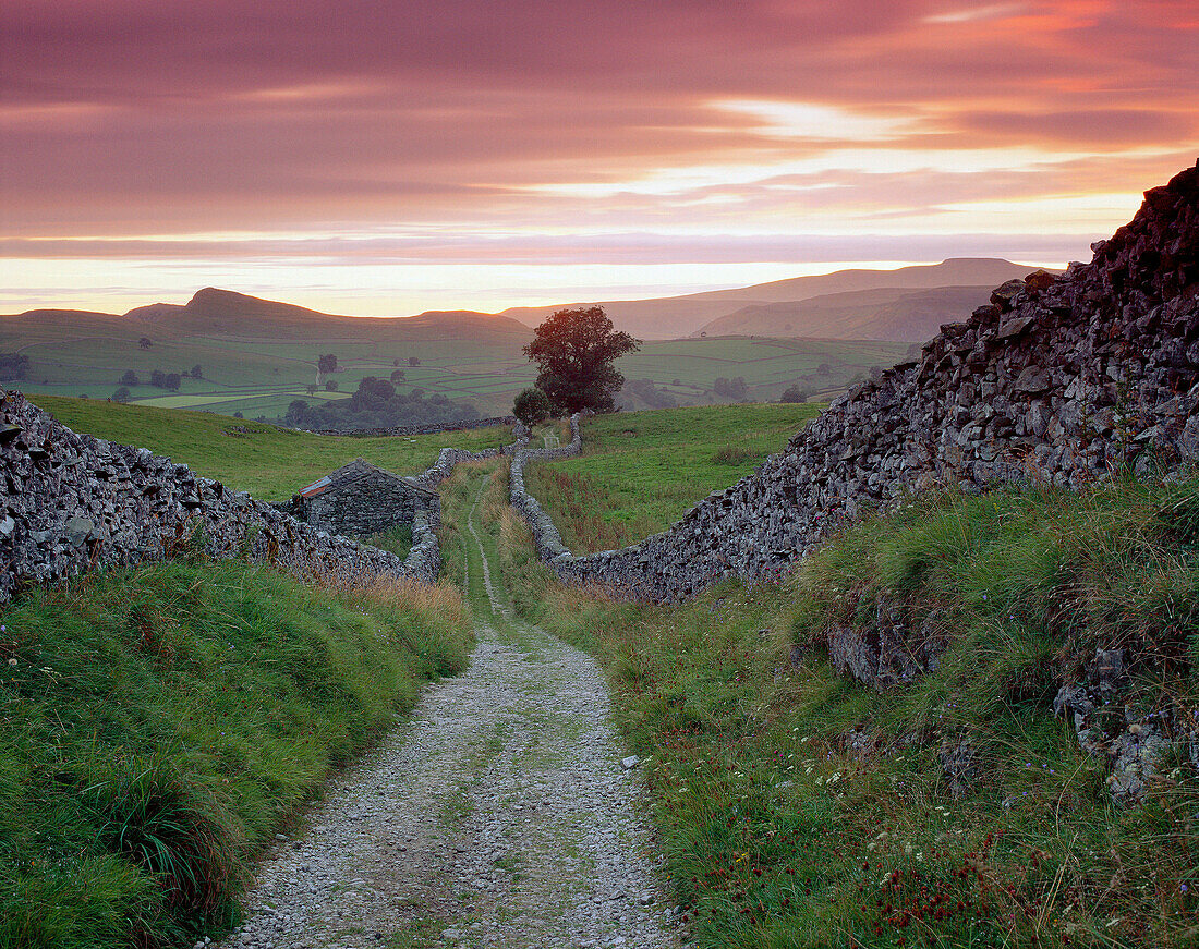 Goat Scar Lane View at Sunset (late Summer), Stainforth (Ribblesdale), Yorkshire, UK, England