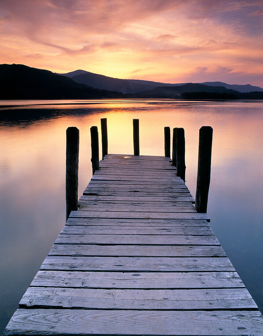 Sunset with Wooden Jetty, Derwentwater, Cumbria, UK, England