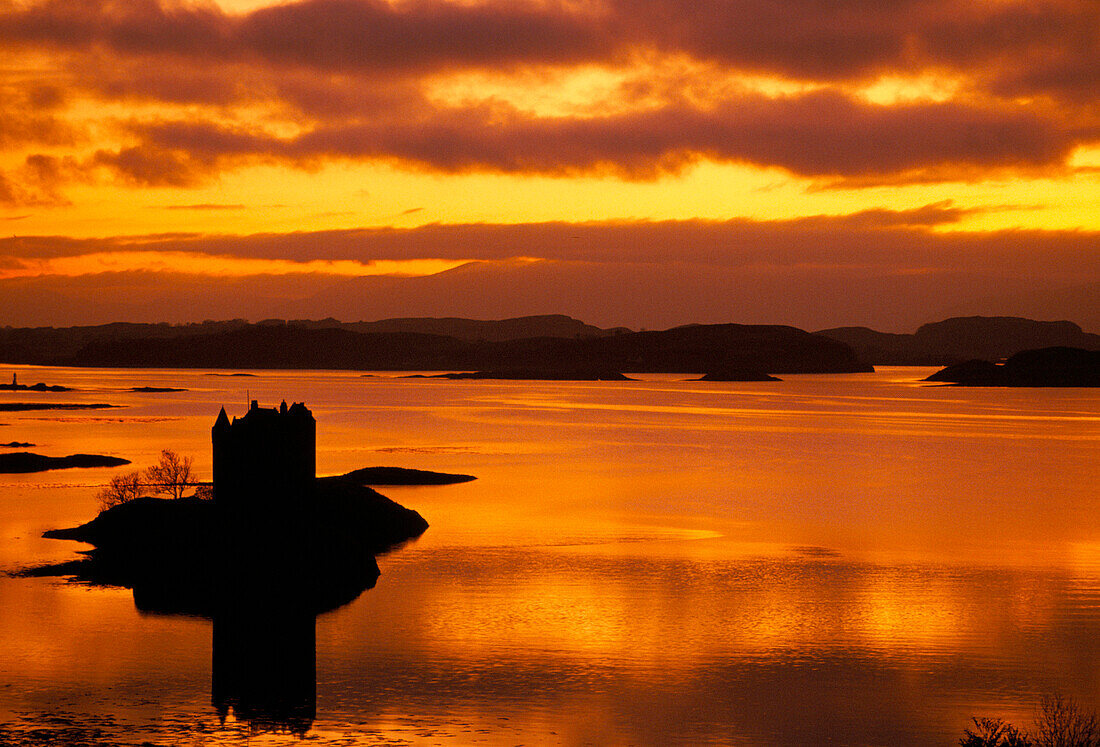 Castle Stalker & Loch Linnhe at Sunset, Portnacroish, Strathclyde, UK, Scotland
