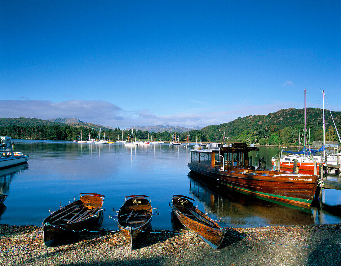 Lake View with Boats, Lake Windermere, Cumbria, UK, England