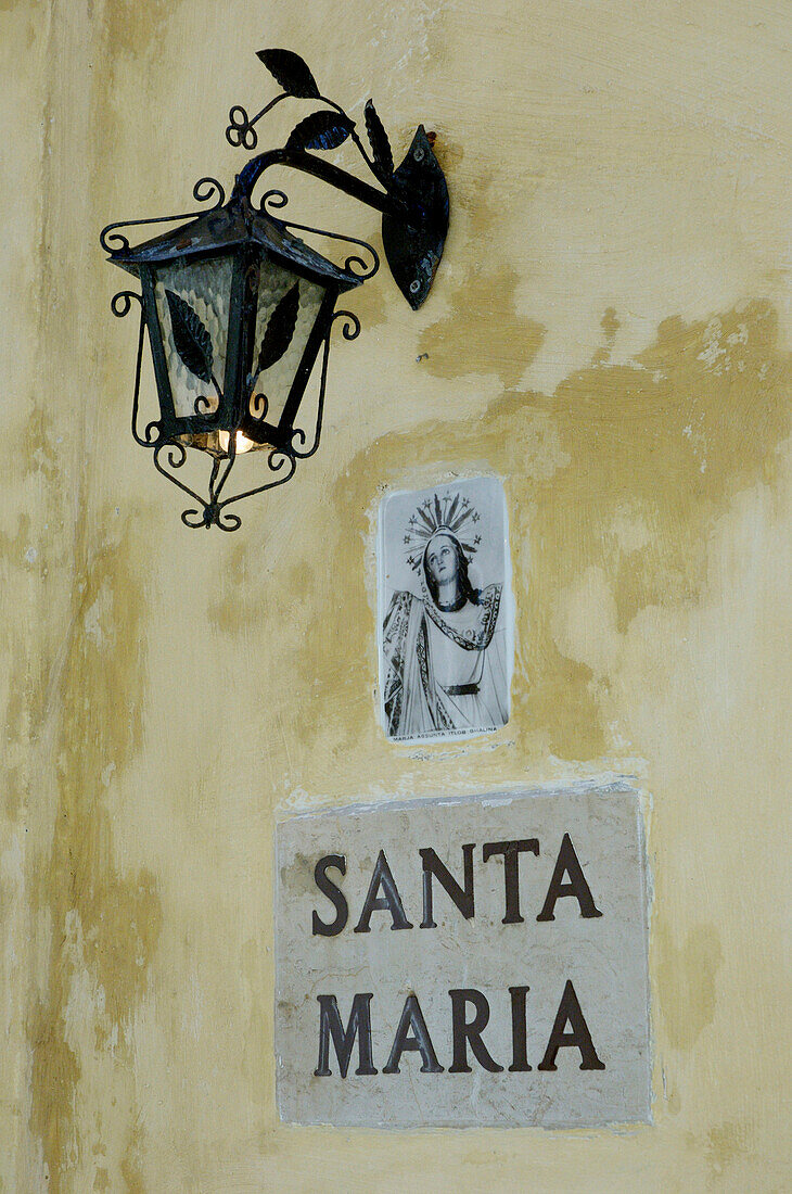 House details, ornate lantern and religious plaque, Victoria, Gozo, Maltese Islands