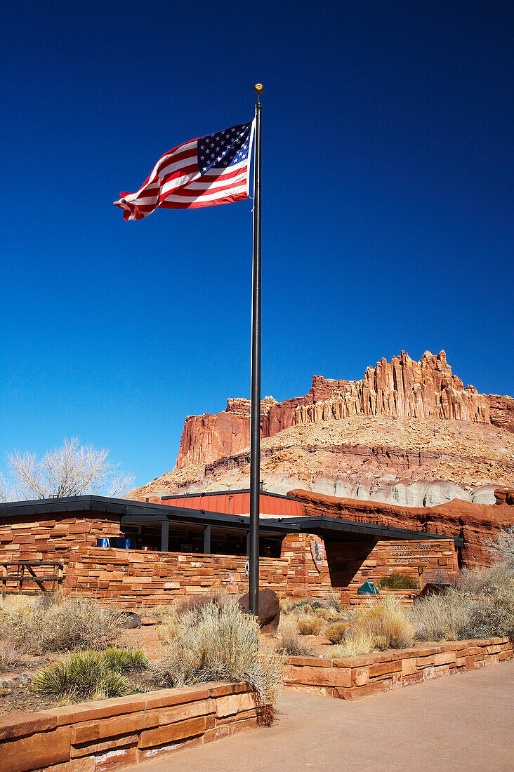 The Visitor Centre and flag, Capitol Reef National Park, Utah, USA