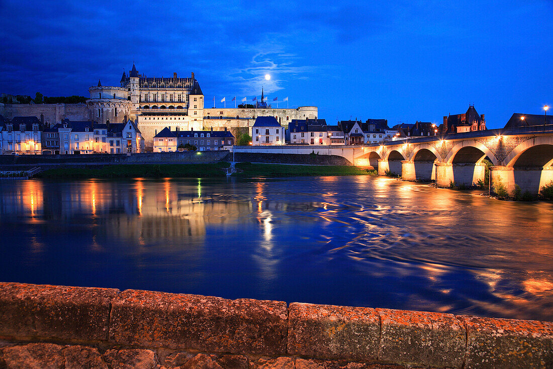 Chateau and river at night, Amboise, The Loire, France