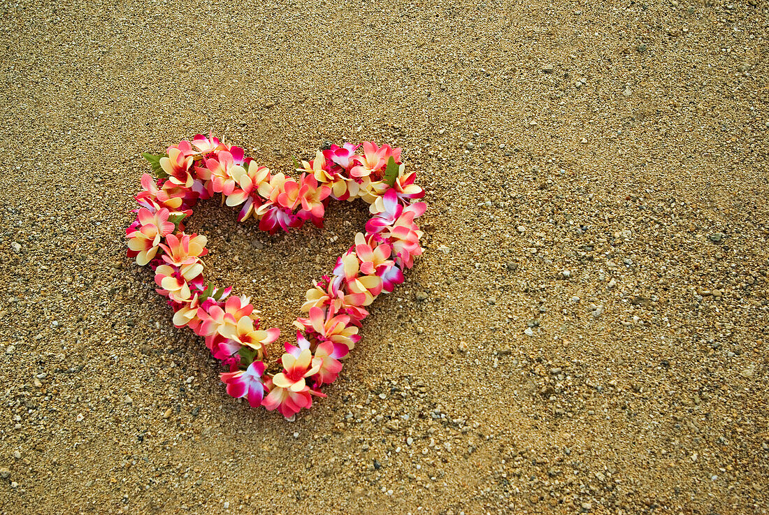 Heart shaped lei on Waikiki beach, Oahu Island, Hawaii, USA