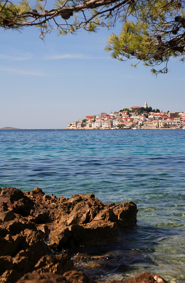 View of town across sea, Primosten, Dalmatia, Croatia