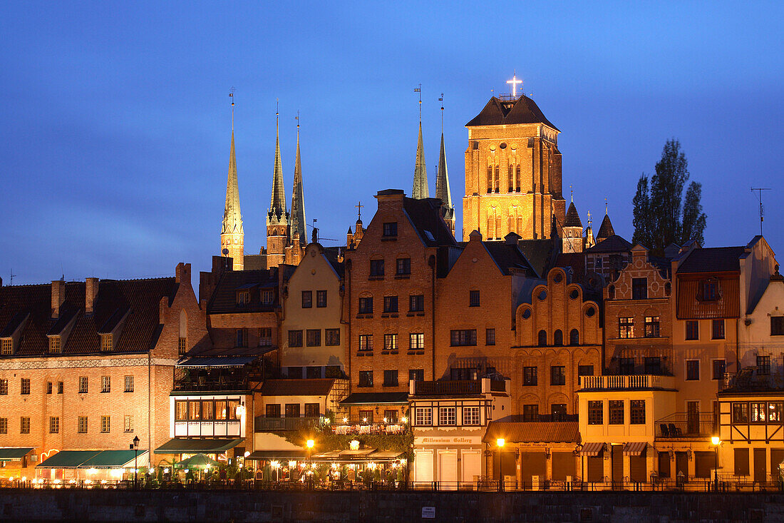 City skyline and Church of St Mary at night, Gdansk, Poland