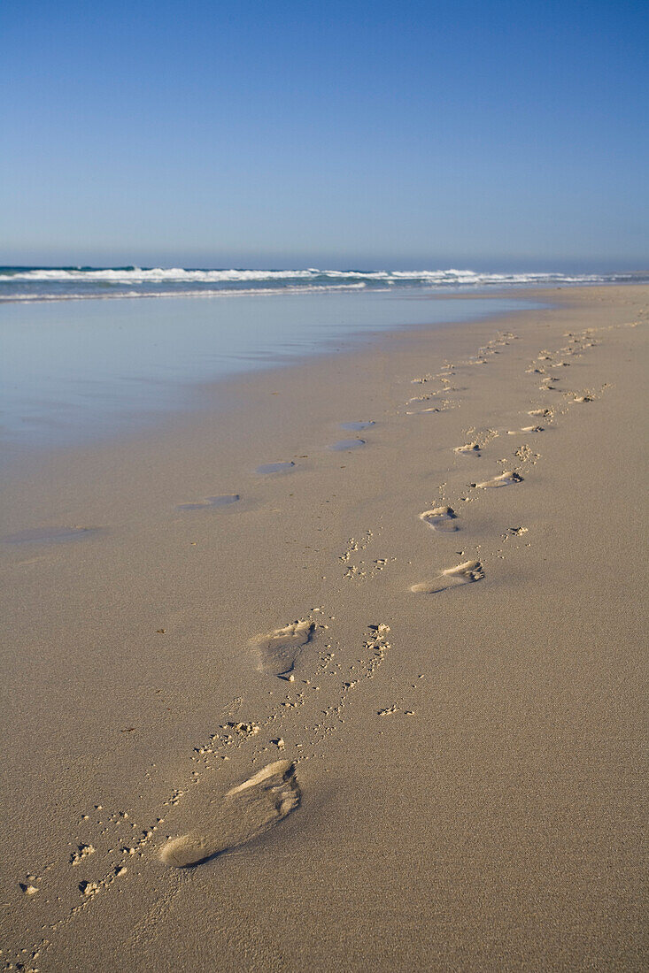 Footprints on the beach under blue sky, Playa Bajo Negro, Parque Natural de Corralejo, Fuerteventura, Canary Islands, Spain, Europe
