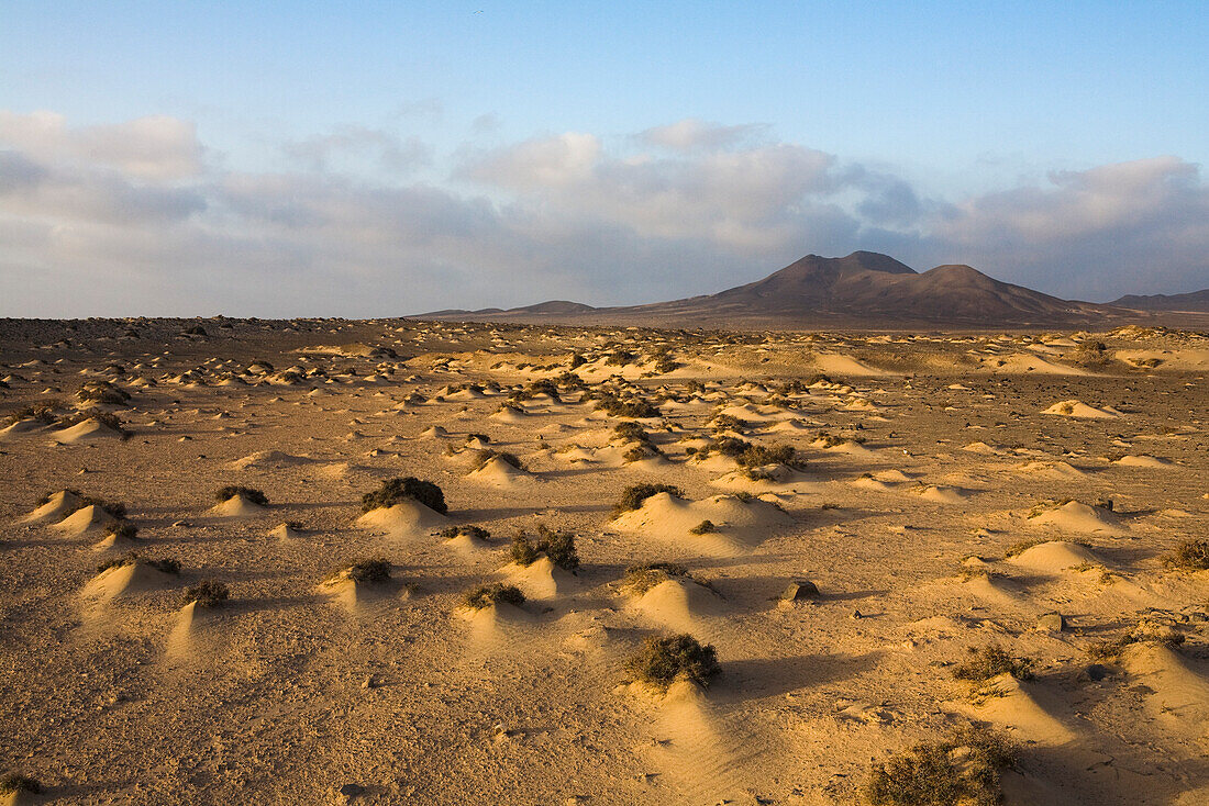 Sand and the volcanos Las Talahijas under clouds, Parque Natural de Jandia, Fuerteventura, Canary Islands, Spain, Europe