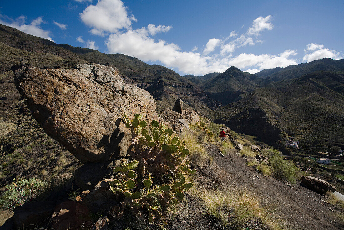 Hiker at the valley of El Risco under blue sky, Parque Natural de Tamadaba, Gran Canaria, Canary Islands, Spain, Europe