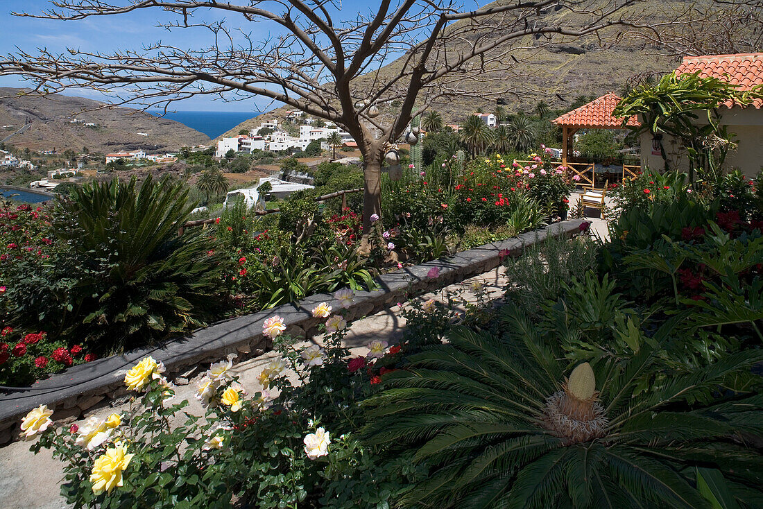 Blick vom Ferienhaus Las Rosas zum Meer, Tal von El Risco, Naturpark Tamadaba, Gran Canaria, Kanarische Inseln, Spanien, Europa