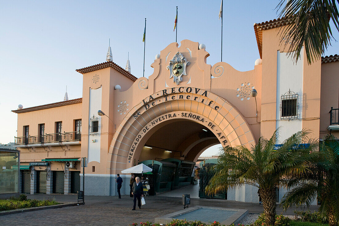 Entrance to the market hall at dusk, Santa Cruz de Tenerife, Tenerife, Canary Islands, Spain, Europe