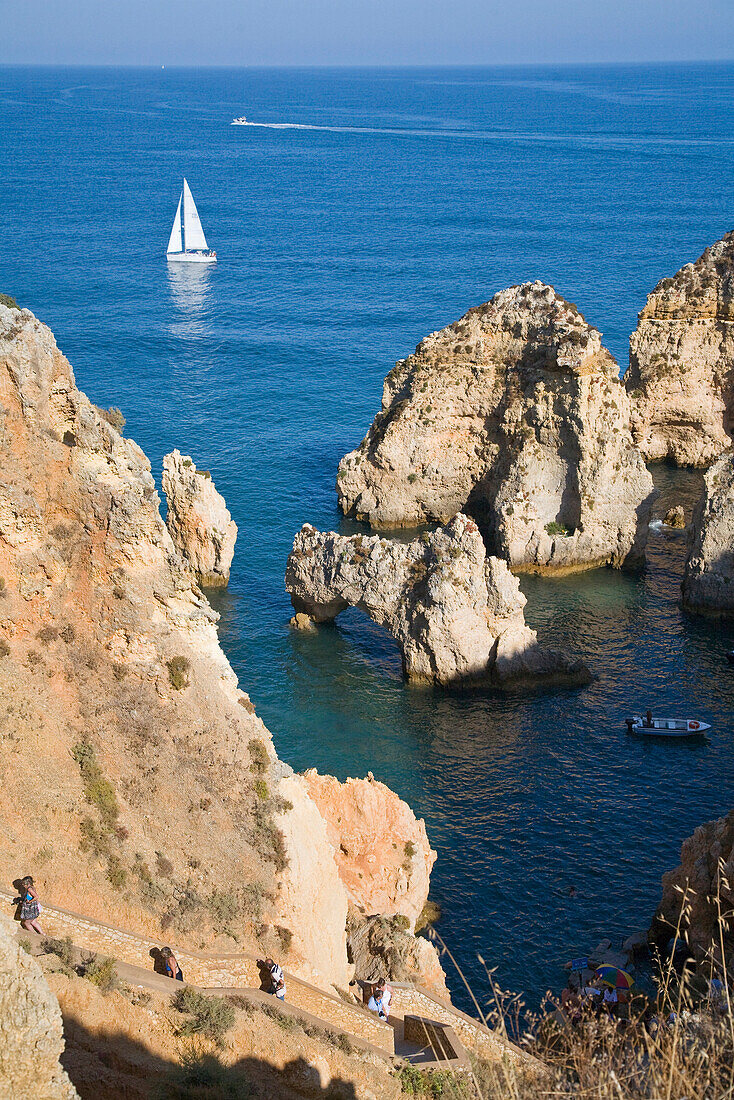 Coastal landscape at Ponta da Piadade, steps leading down to the beach, Lagos, Algarve, Portugal