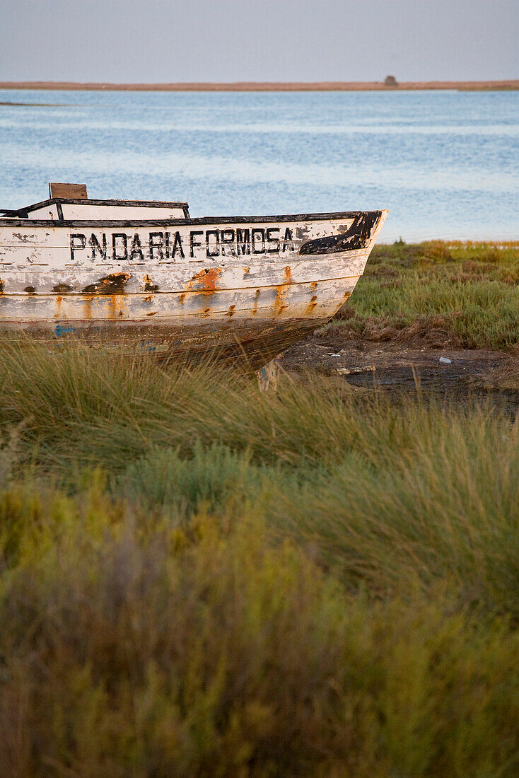 An land liegendes Boot, Lagune an der Ria Formosa, Quinta de Marim, Olhao, Algarve, Portugal