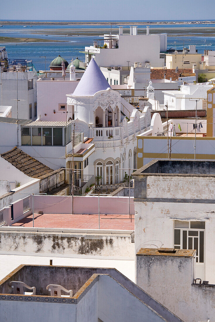 View over the town of Olhao, white houses and roofs, Olhao, Algarve, Portugal