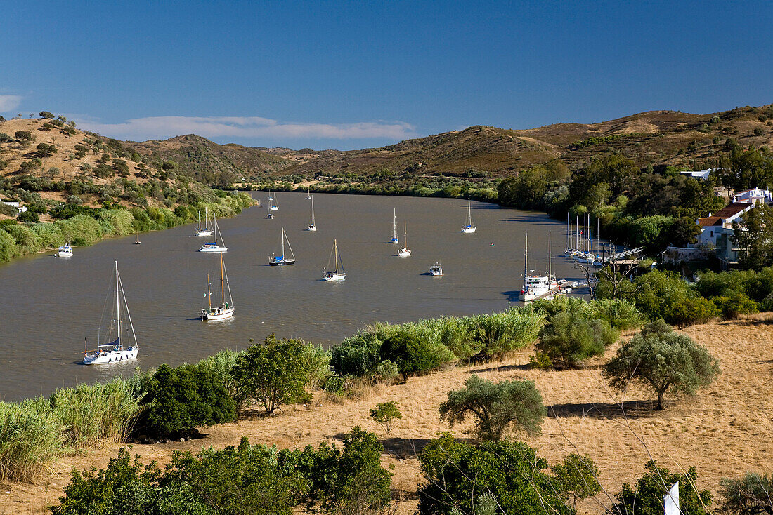 Sailing boats on the river Guadiana, boarder to Andalusia, Spain, Alcoutim, Algarve, Portugal