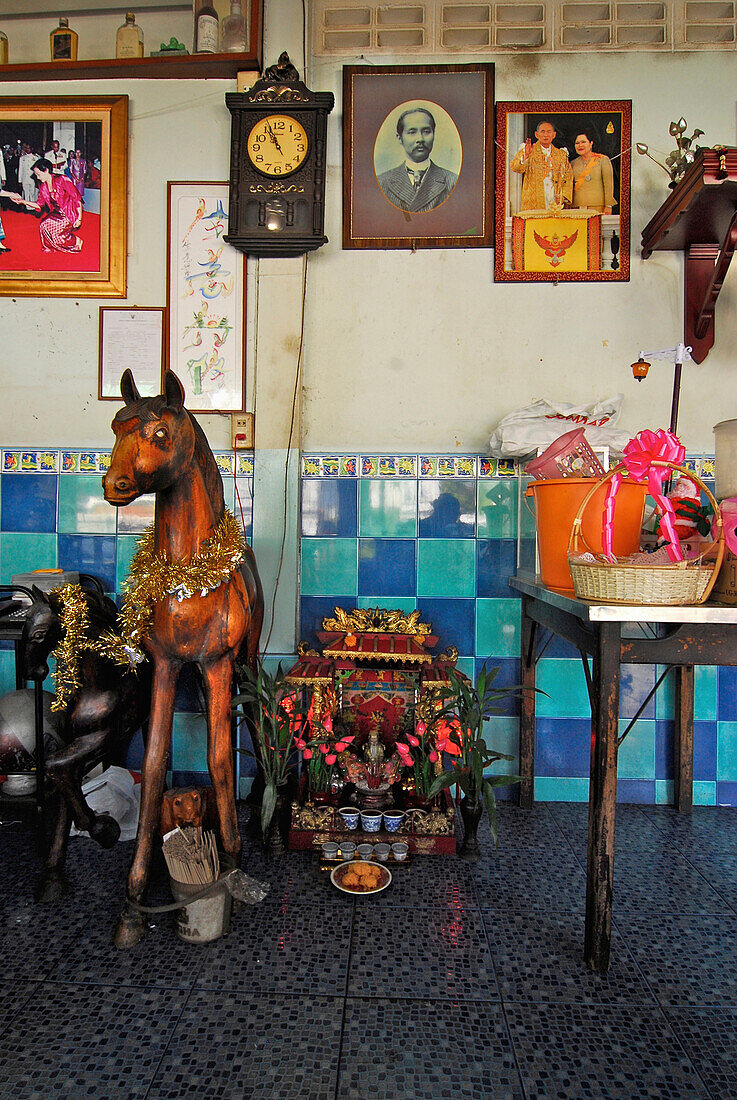 Decoration with wooden horse in a chinese restaurant in Bamrung Muang, Old Town, Bangkok, Thailand, Asia