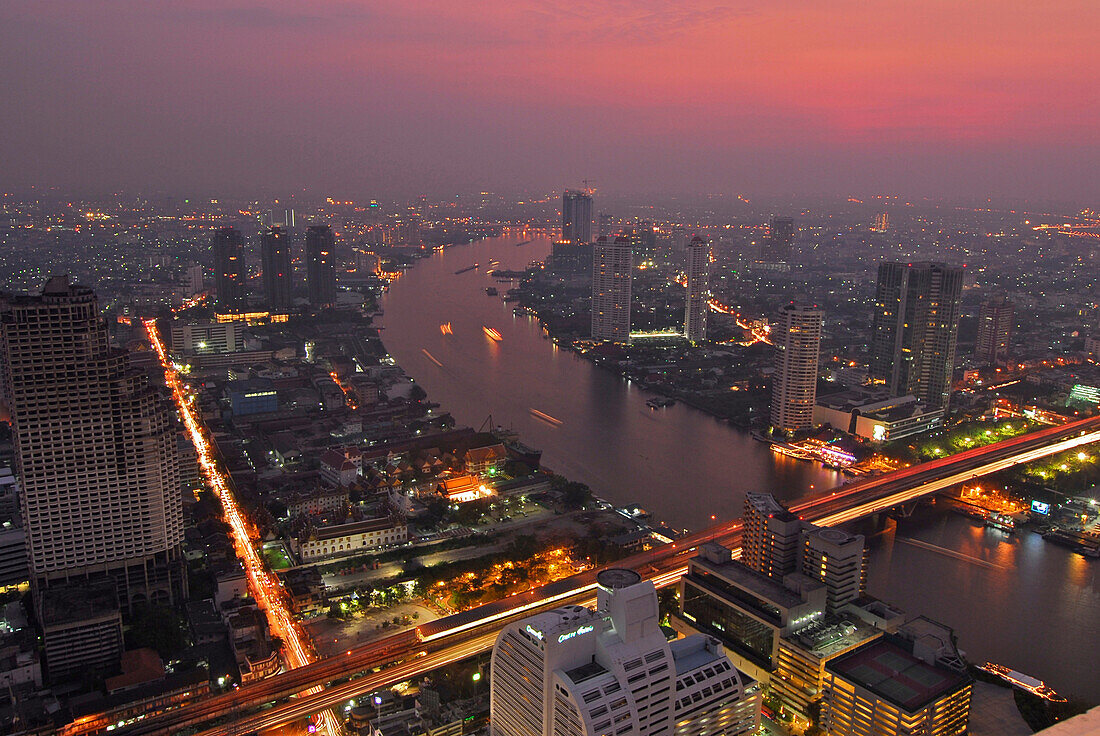View from Restaurant Sirocco on the top of the State Tower with view over Bangkok and Chao Praya river, Lebua Hotel, Bangkok, Thailand, Asia