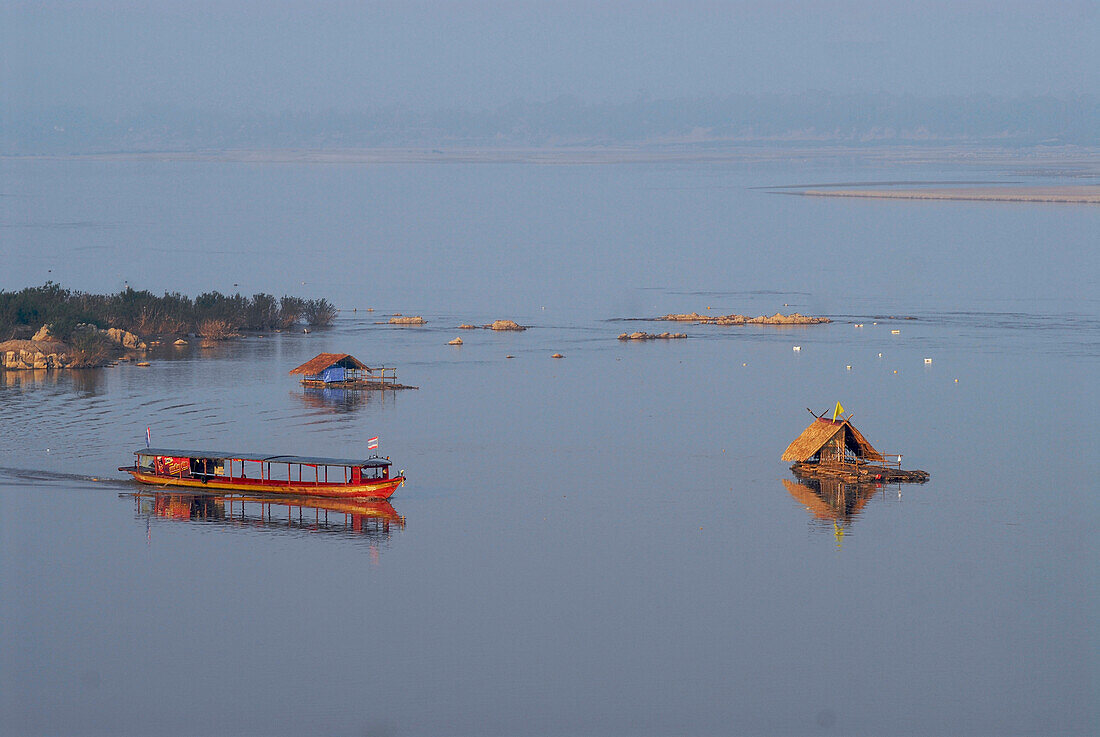 View over river Mekong to Laos with ferry, Chiang Khan, Province Loei, Thailand, Asia