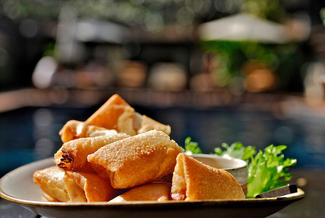 Spring rolls at the pool restaurant, Hotel Tamarind Village, Chiang Mai, Thailand, Asia