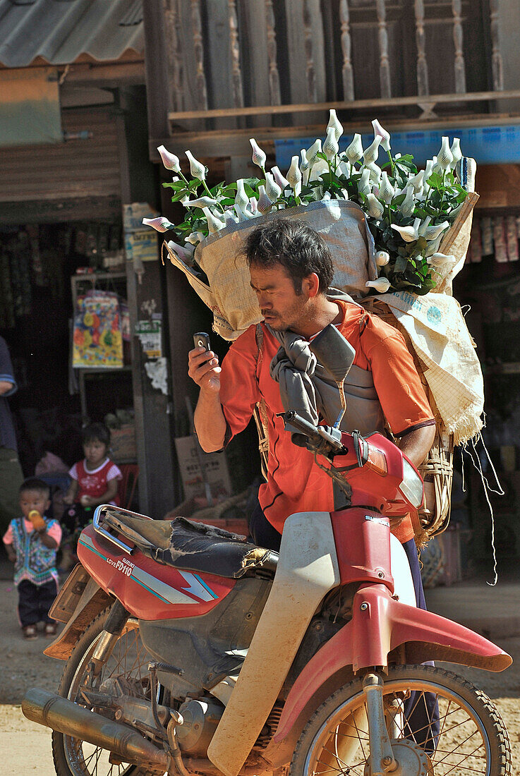 Fliegender Händler mit Moped und Blumen schaut auf Handy, Mae Rim Valley, Hmong Dorf, Provinz Chiang Mai, Thailand, Asien