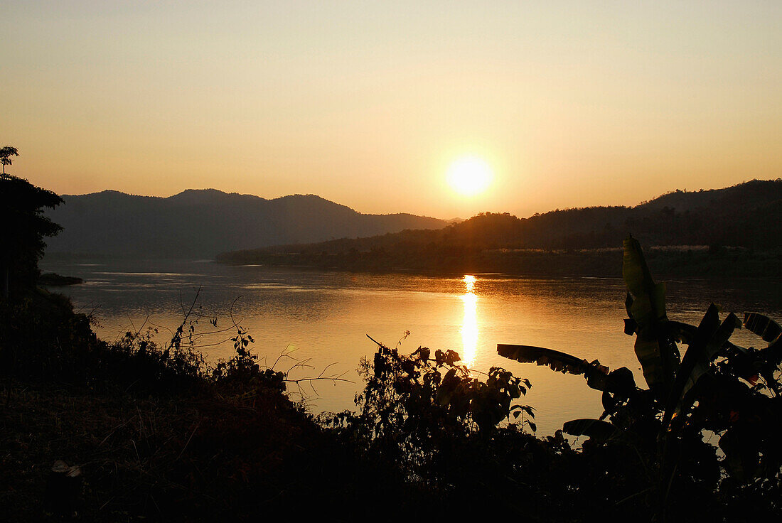 View over river Mekong to Lao at sunset, Province Loei, Thailand, Asia