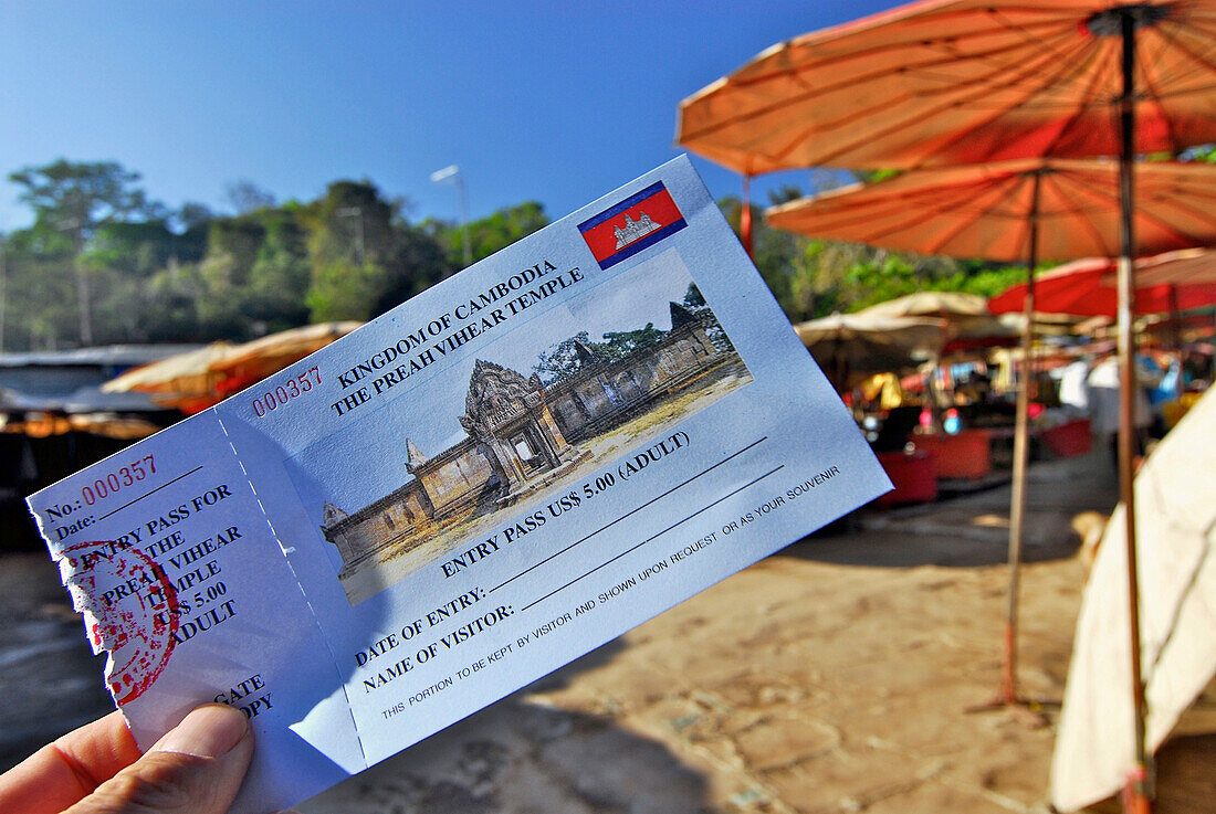 Cambodian entry ticket, historical site disputed between Thailand and Cambodia, Prasat Khao Phra Wihan resp. Preah Vihar, cambodian name, Asia