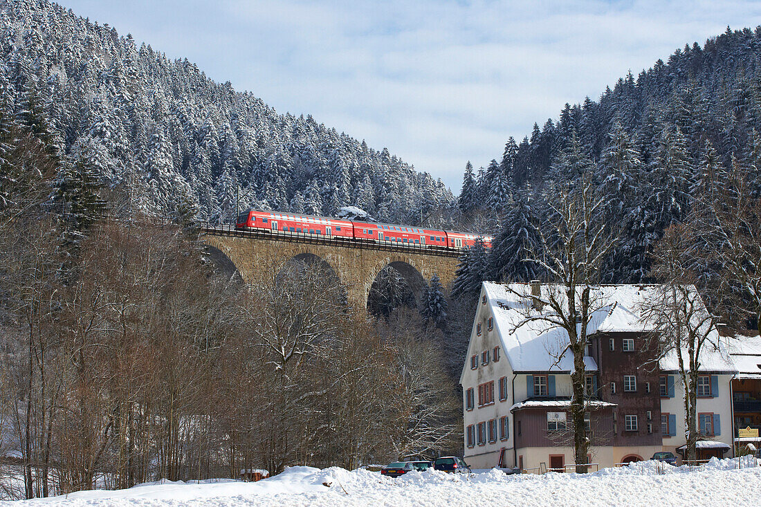 Winter's morning in the Höllental, Train, Black Forest, Baden-Württemberg, Germany, Europe