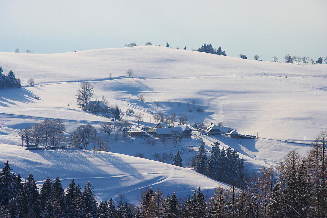 Blick an Wintertag von Holzschlägermatte (Schauinsland) Richtung Eduardshöhe, Schwarzwald, Baden-Württemberg, Deutschland, Europa