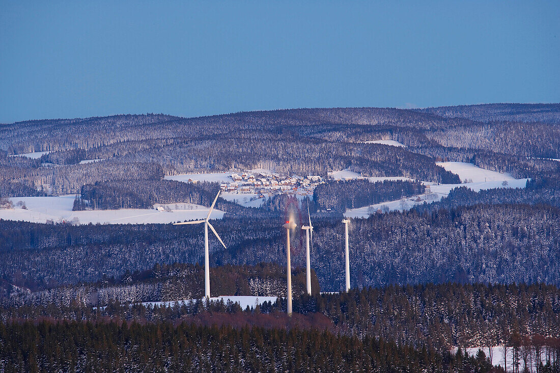 View from the mountain Kandel over the Black Forest with wind energy plant and the village of Neukirch, Baden-Württemberg, Germany, Europe